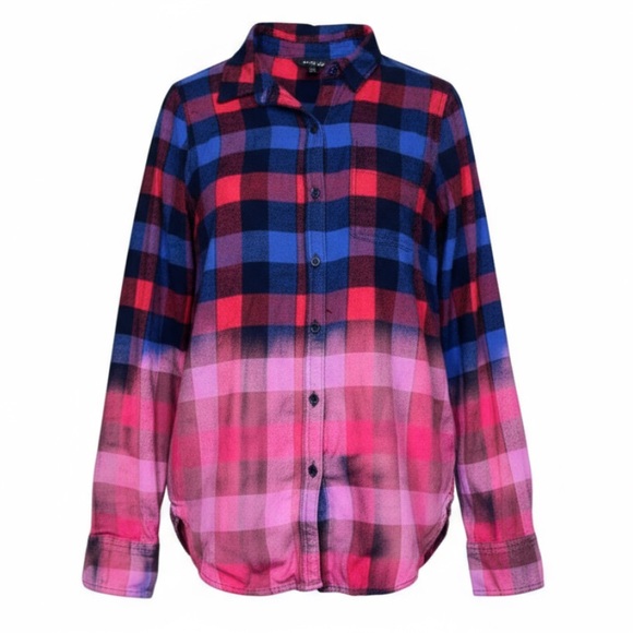 ⭐️Lucky Brand Red & Blue Plaid Button Up Pink Ombre Long Sleeve Shirt Size S - Picture 2 of 11